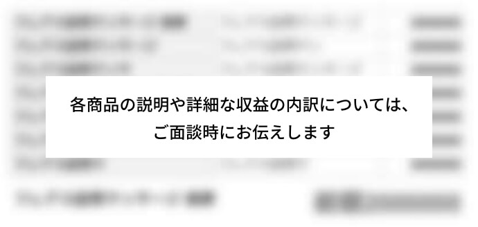 各商品の説明や詳細な収益の内訳については、ご面談時にお伝えします