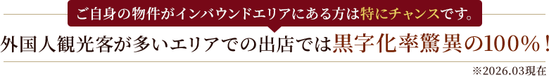 ご自身の物件がインバウンドエリアにある方は特にチャンスです。 外国人観光客が多いエリアでの出店では黒字化率驚異の100％！ ※2026.03現在