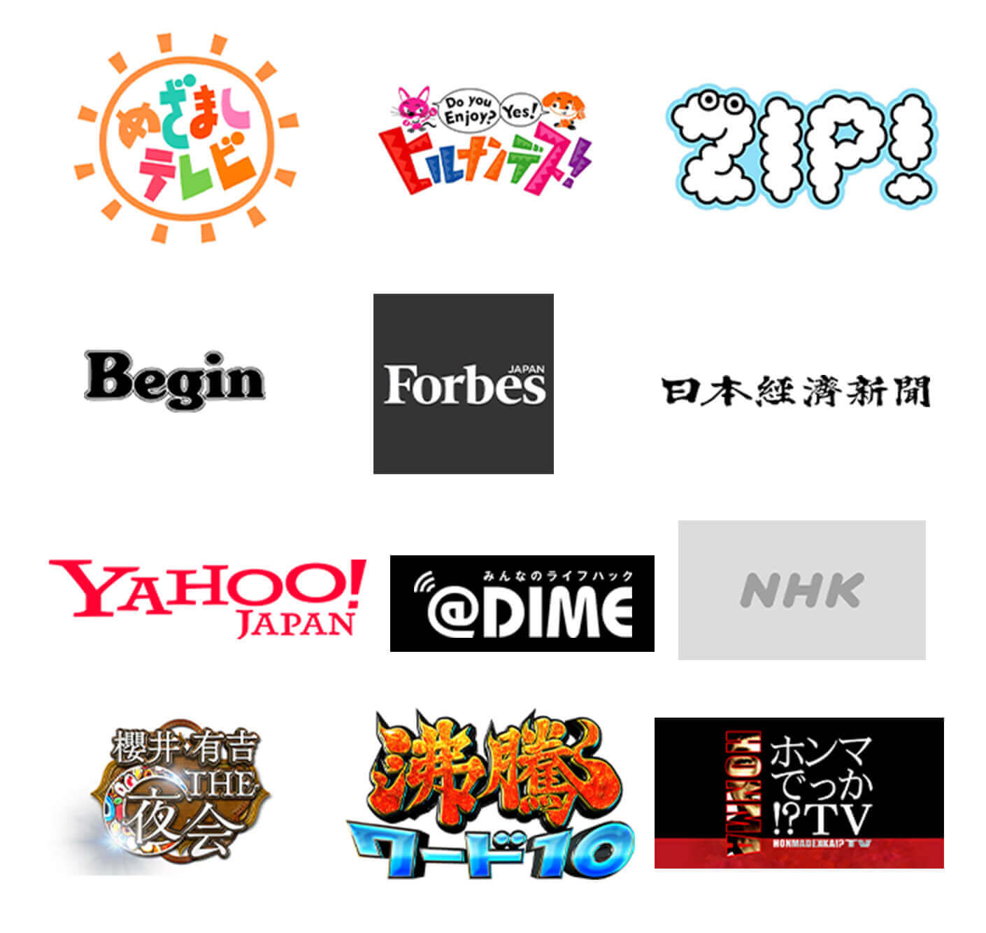めざましテレビ、ヒルナンデス、zip、begin、forbes、日本経済新聞、yahoo!japan、@dime、nhk、櫻井・有吉the夜会、沸騰ワード10、ホンマでっか!TV